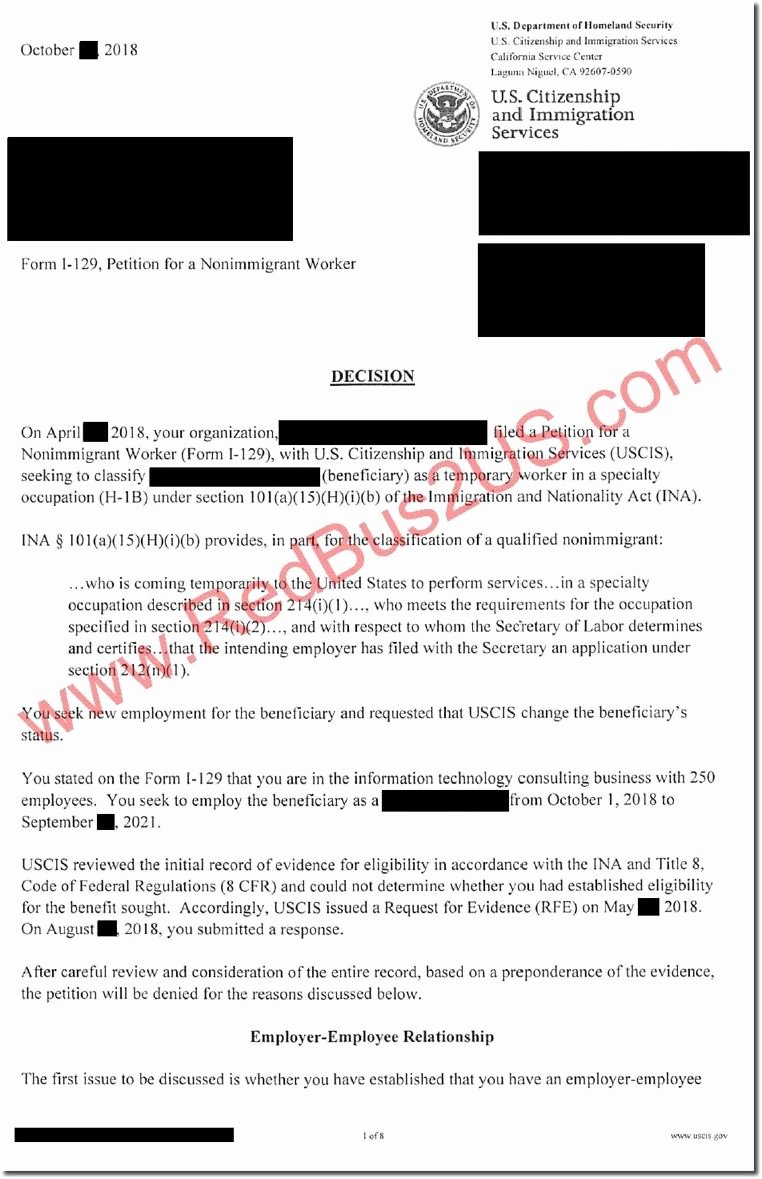 Sample Of Petition Letter New H1b Denial Letter Real by Uscis – Speciality Occupation