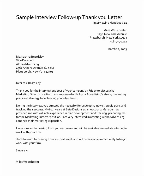 Sample Of Thankyou Letters New Sample Post Interview Thank You Letter 8 Examples In
