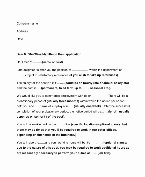 Sample Offer Letters for Employment Unique Sample Employment Fer Letter 5 Documents In Pdf Word