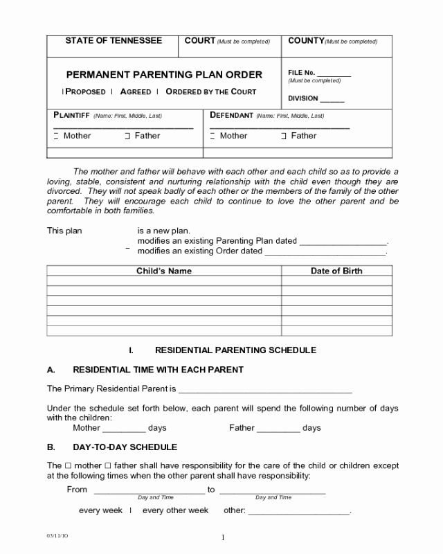Sample Parallel Parenting Plan Awesome 2018 Parenting Plan form Fillable Printable Pdf &amp; forms