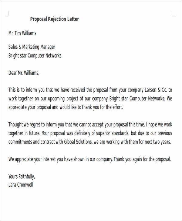 Sample Proposal Rejection Letter Beautiful Proposal Rejection Letter 5 Free Sample Example format