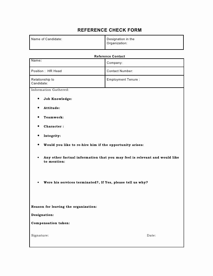 Sample Reference Check form Lovely Reference Check form Candidate