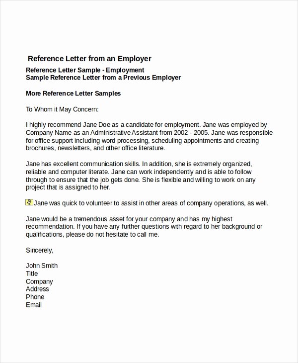 Sample Reference Letter for Employee Lovely 7 Job Reference Letter Templates Free Sample Example
