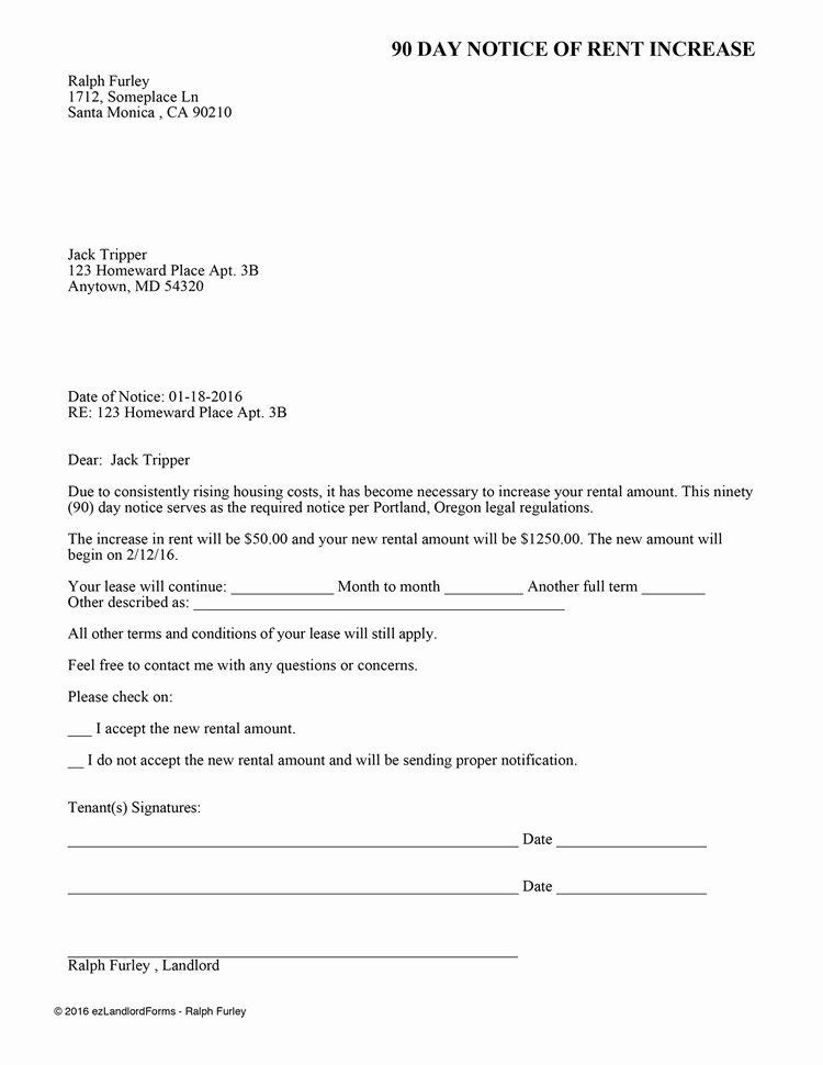 Sample Rent Increase Letter New Portland 90 Day Notice Of Rent Increase