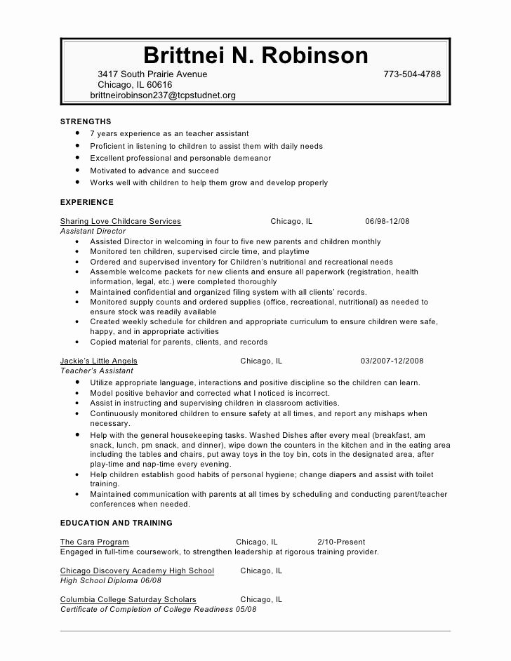 Sample Resume for Child Care Lovely Robinson Brittnei Childcare Resume Resume