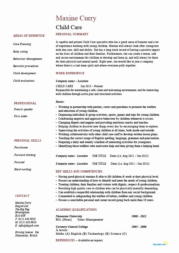 Sample Resume for Child Care New Child Care Resume Children Sample Template Job
