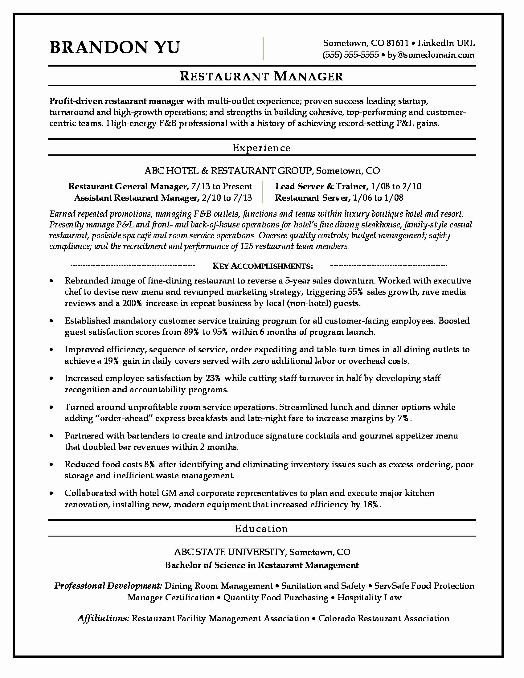 Sample Resume for Restaurant Awesome Restaurant Manager Resume Sample