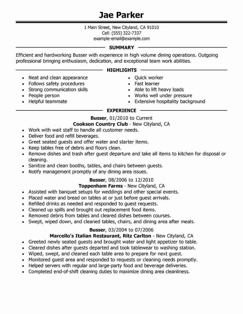 Sample Resume for Restaurant Beautiful Best Busser Resume Example