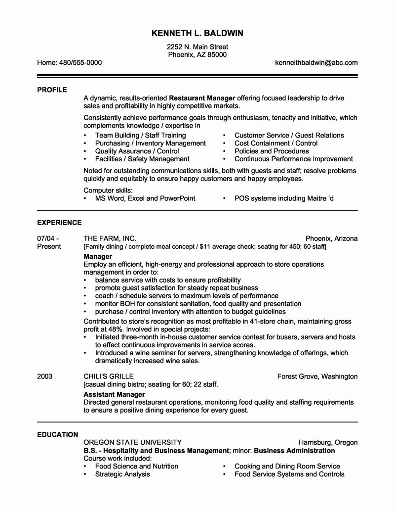 Sample Resume for Restaurant Fresh Sample Resume Templates