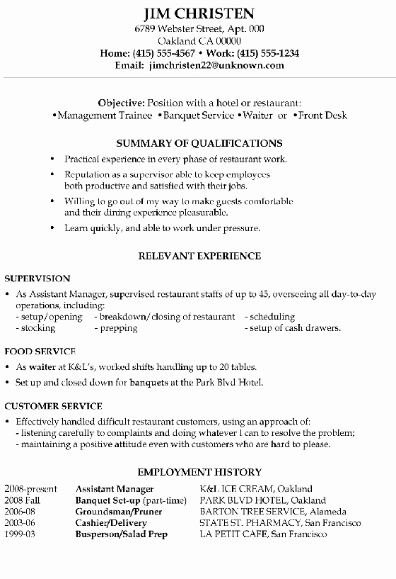 Sample Resume for Restaurant New Resume Sample Hotel Management Trainee and Service