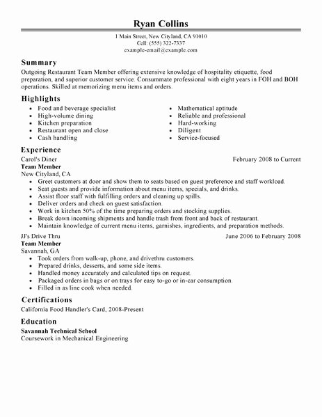 Sample Resume for Restaurant Unique Best Restaurant Team Member Resume Example