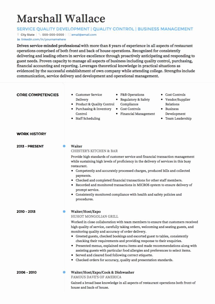 Sample Resume for Waitress Awesome Waiter Waitress Cv Examples and Template