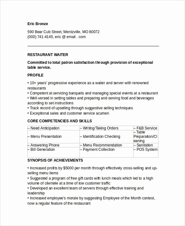 Sample Resume for Waitress Best Of Sample Waiter Resume 6 Documents In Pdf Word