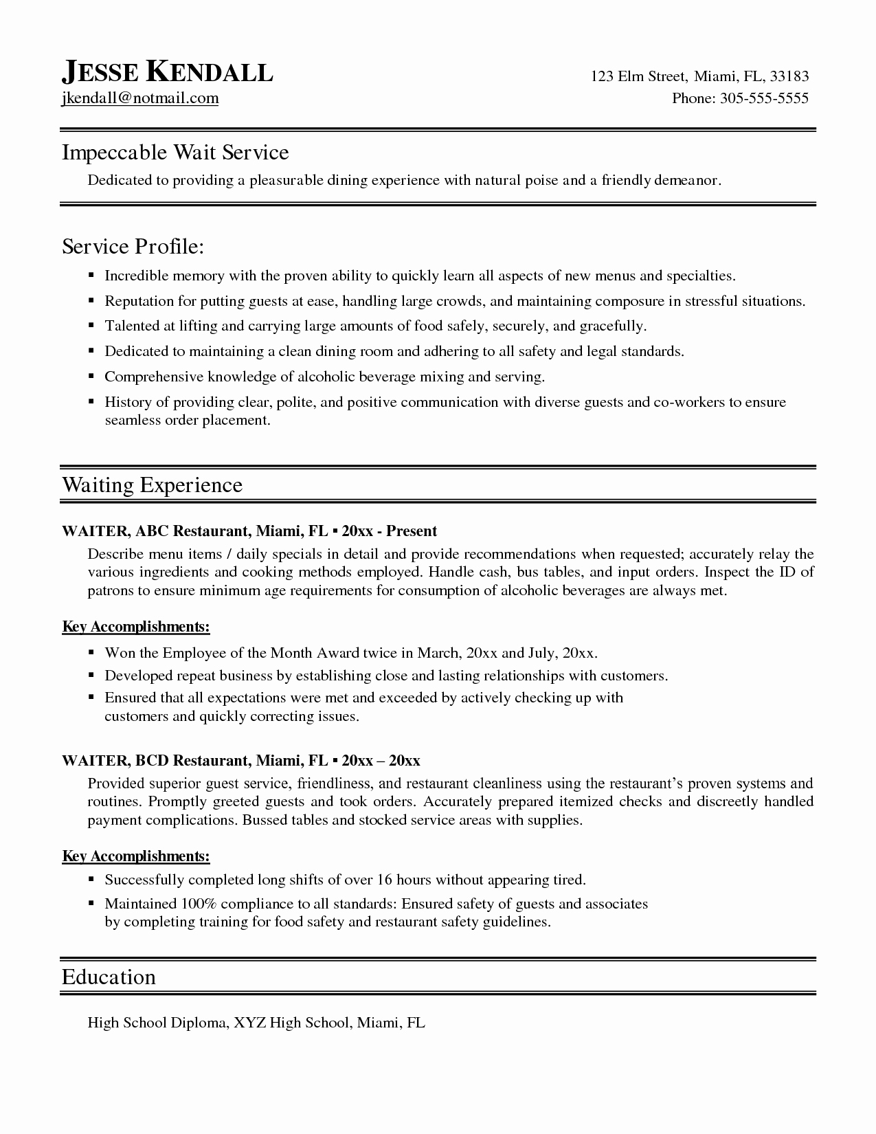 Sample Resume for Waitress Fresh Sample Waitress Resume Examples Resume