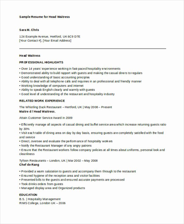 Sample Resume for Waitress Luxury Waitress Resume Templates