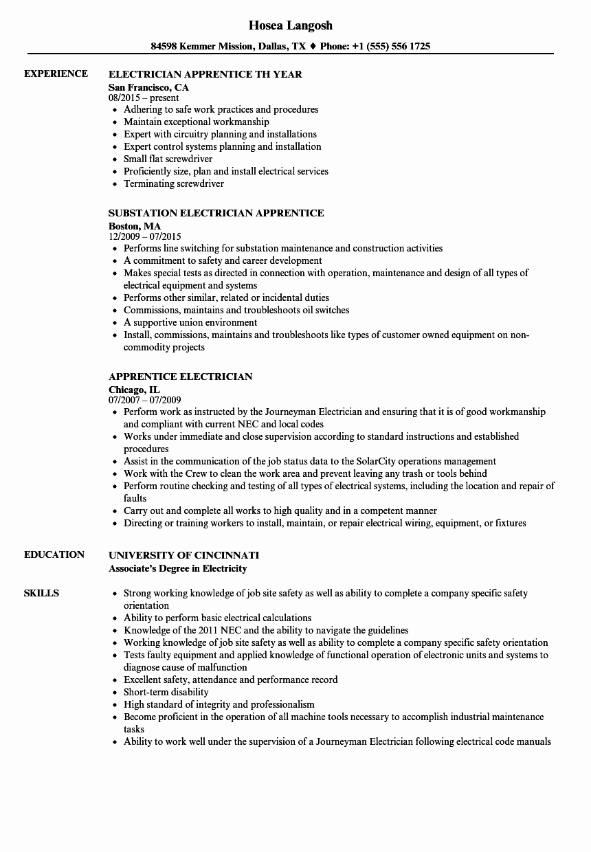 Sample Resumes for Electrician Beautiful Apprentice Electrician Resume Samples