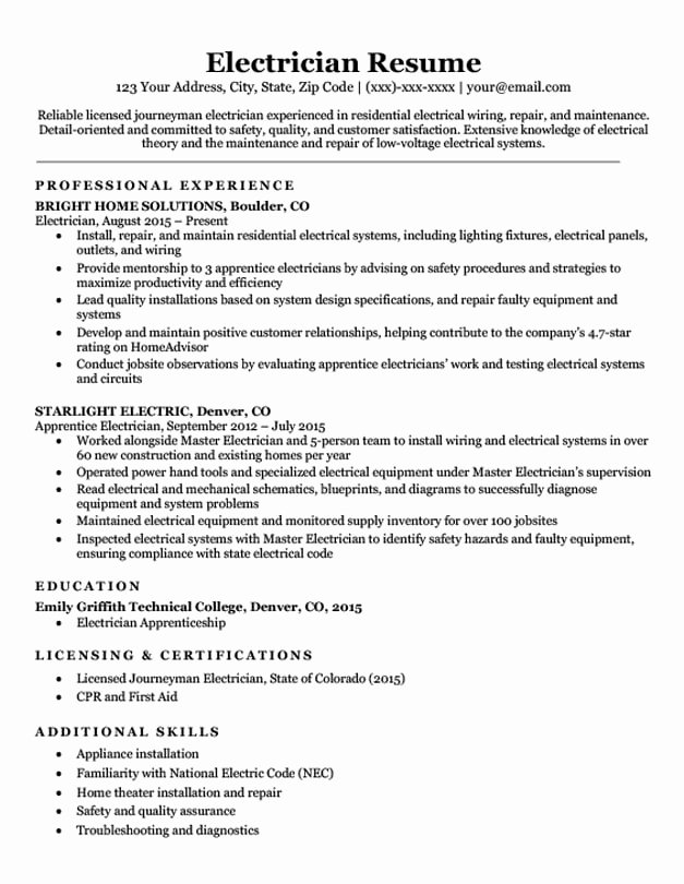 Sample Resumes for Electrician Best Of Electrician Resume Sample &amp; Writing Tips