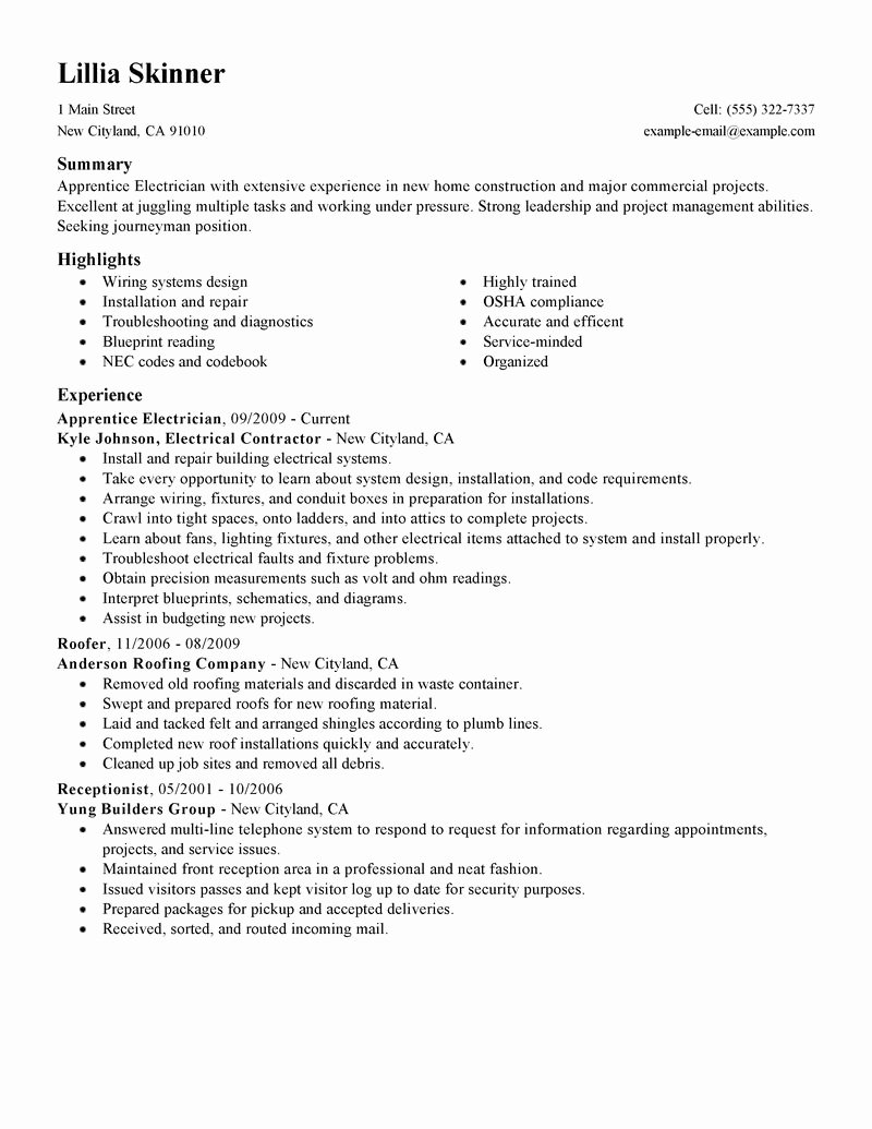 Sample Resumes for Electrician Fresh Best Apprentice Electrician Resume Example