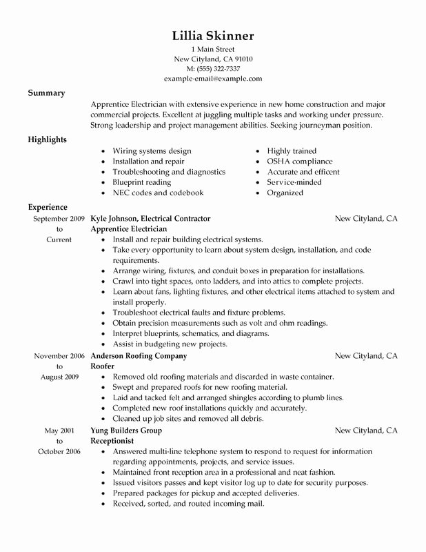 Sample Resumes for Electrician Unique Unfor Table Apprentice Electrician Resume Examples to