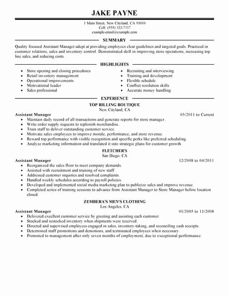 Sample Store Manager Resume Luxury Best Retail assistant Manager Resume Example