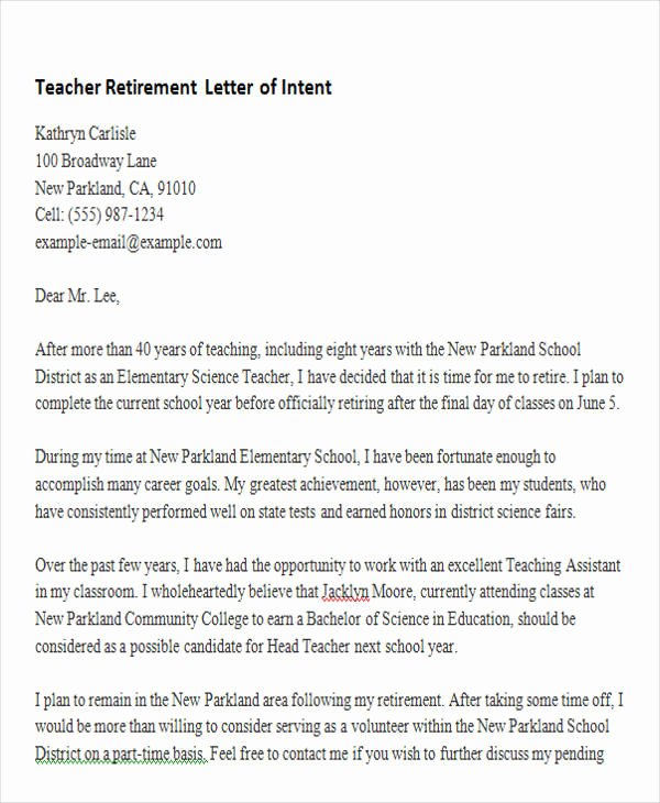 Sample Teacher Retirement Letter Fresh Letter Of Intent formats 58 Examples In Pdf Word