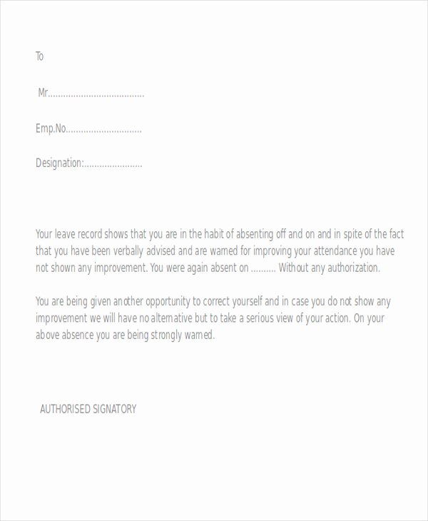 Sample Warning Letter for Absenteeism Beautiful attendance Warning Letter Template 10 Free Word Pdf