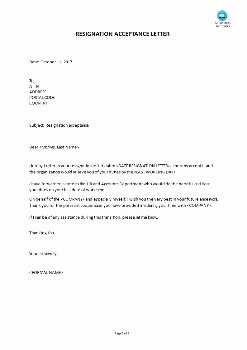 Samples Letter Of Resignation Luxury Sample Resignation Acceptance Letter