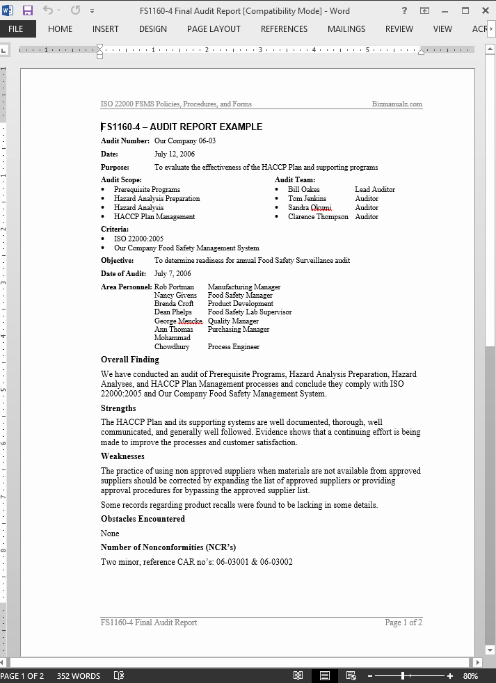 Samples Of Audit Report Unique Fsms Audit Report Example Template