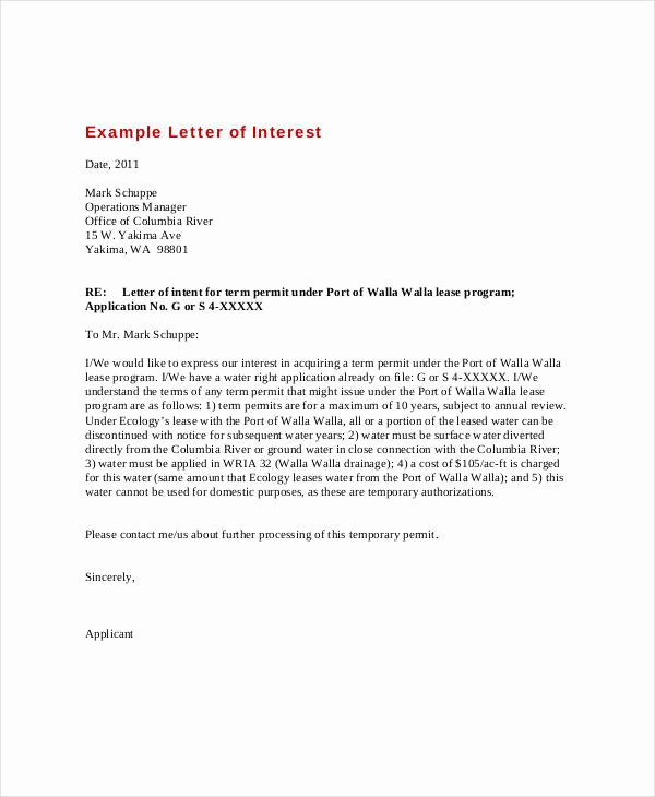 Samples Of Letters Of Interest Luxury Letter Of Interest 12 Free Sample Example format
