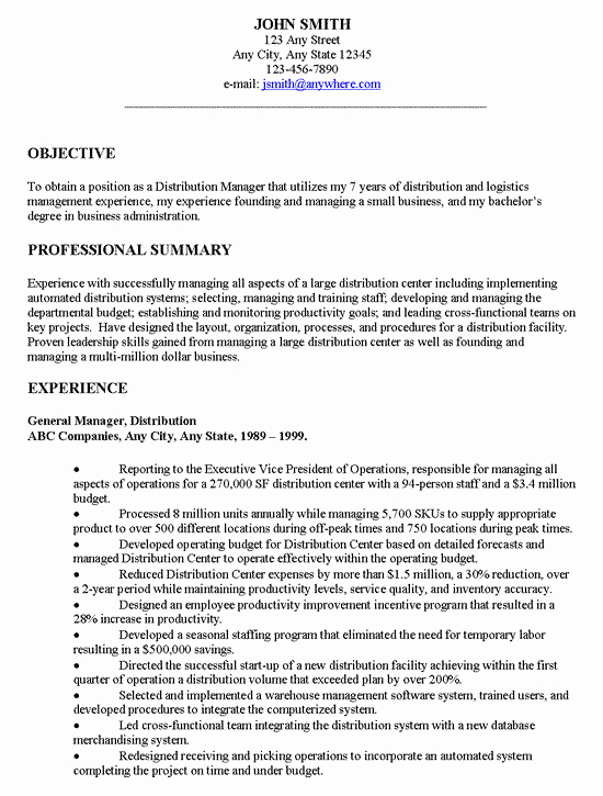 Samples Of Objective On Resume Best Of Distribution Manager Executive Resume Example