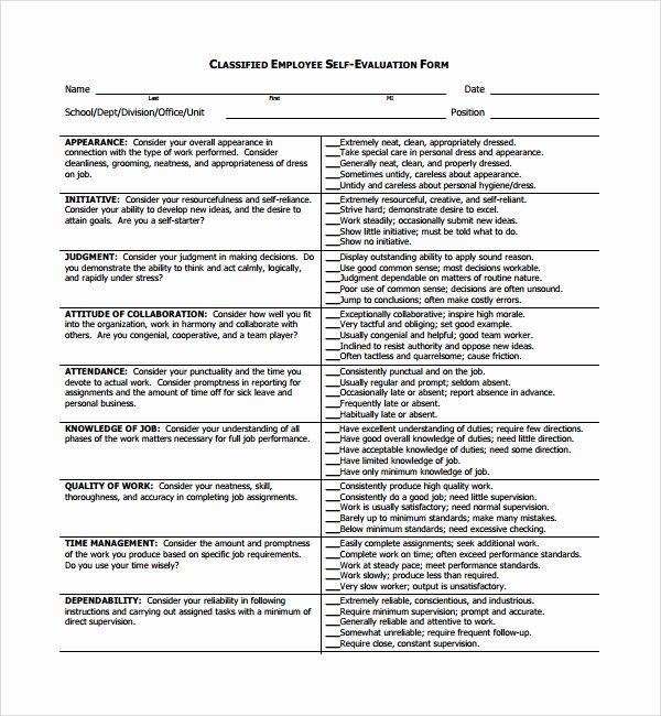 Samples Of Self Evaluations Inspirational Sample Employee Self Evaluation form 8 Free Documents