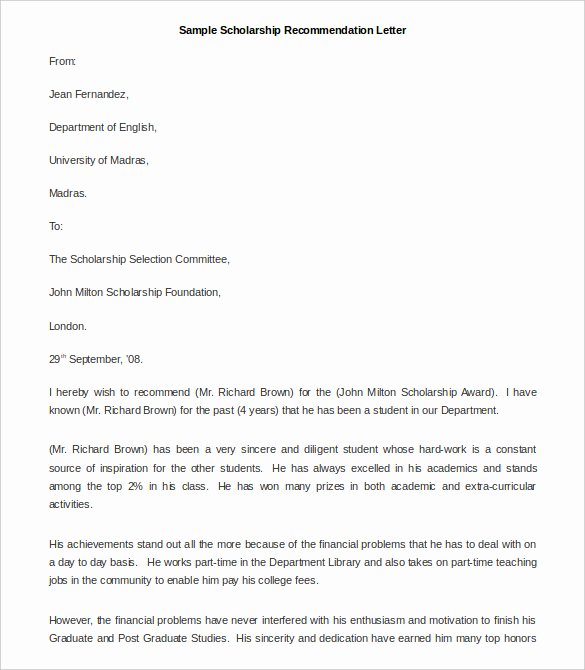 Scholarship Letter Of Recommendation Templates Lovely 30 Re Mendation Letter Templates Pdf Doc