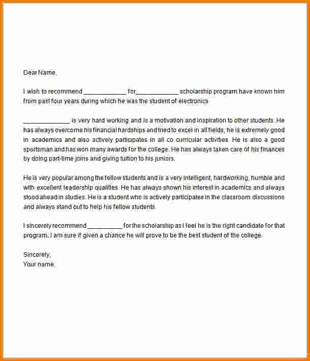 Scholarship Recommendation Letter Template Inspirational Scholarship Re Mendation Letter