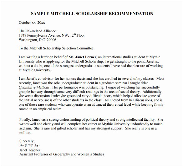 Scholarship Recommendation Letter Templates Elegant 27 Letters Of Re Mendation for Scholarship Pdf Doc