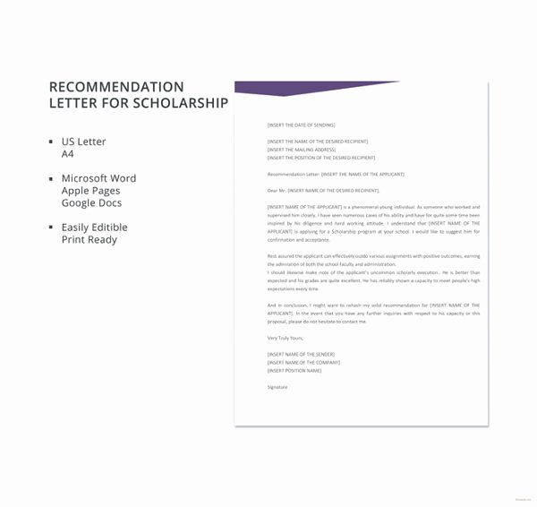 Scholarship Recommendation Letter Templates Unique 29 Letters Of Re Mendation for Scholarship Pdf Doc