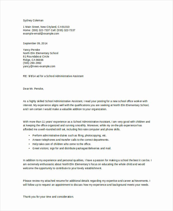School Administrative assistant Cover Letter Elegant Administrative assistant Cover Letters 9 Free Word Pdf