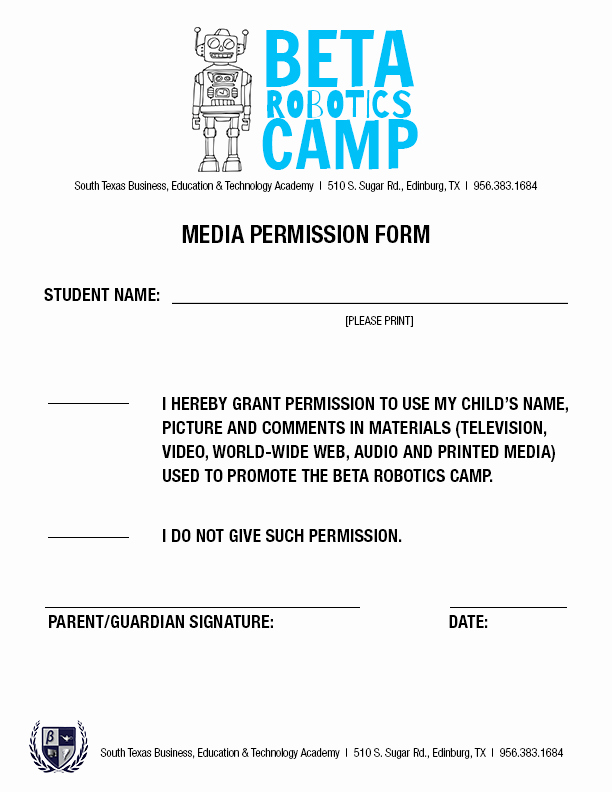 School Media Release form Lovely Beta Robotics Camp south Texas Independent School District