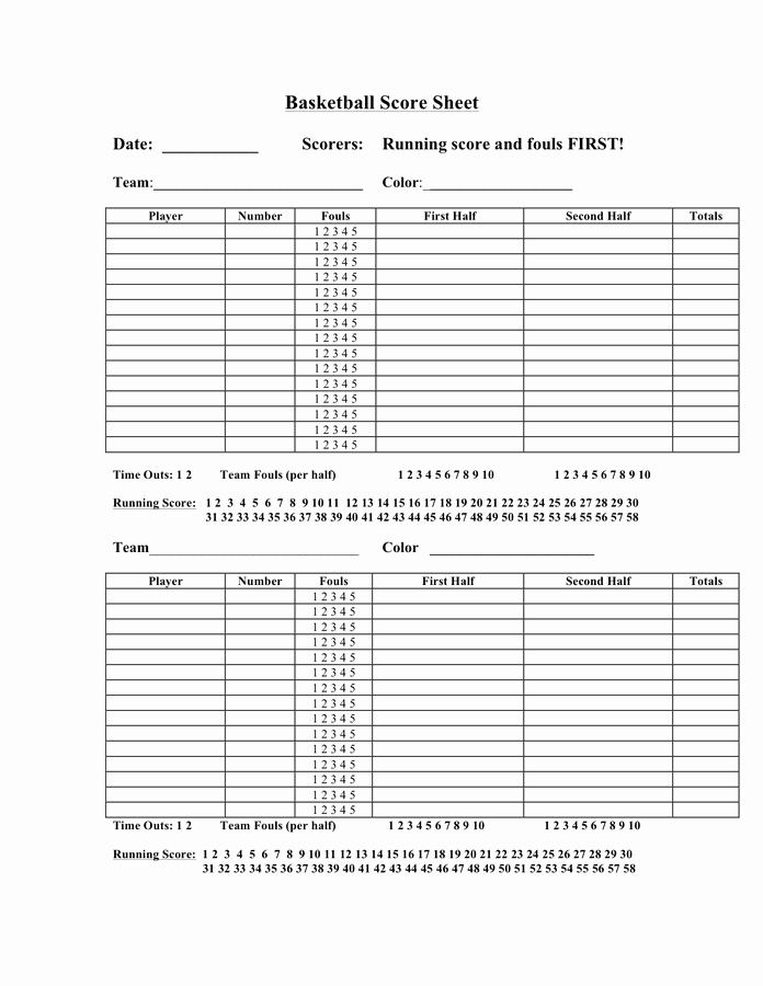 Score Sheets for Basketball Fresh Basketball Score Sheet In Word and Pdf formats