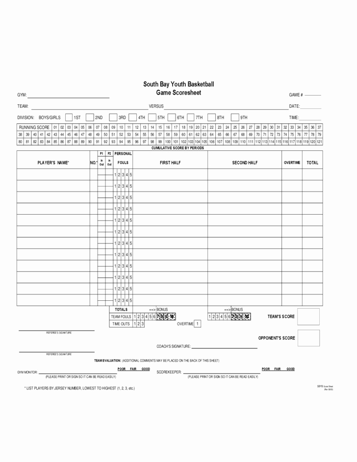 Scoring Sheets for Basketball Beautiful south Bay Youth Basketball Game Scoresheet Free Download