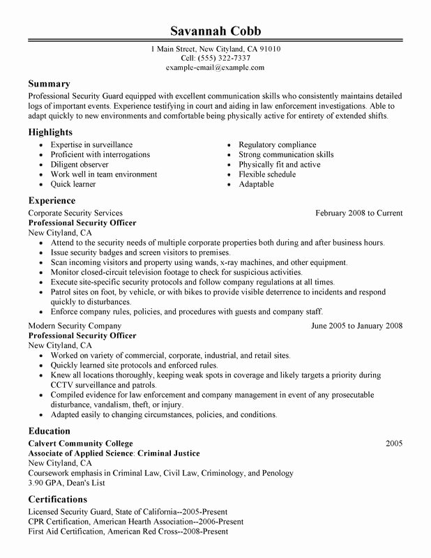 Security Officer Cover Letter Sample New Professional Security Ficer Resume Examples – Free to