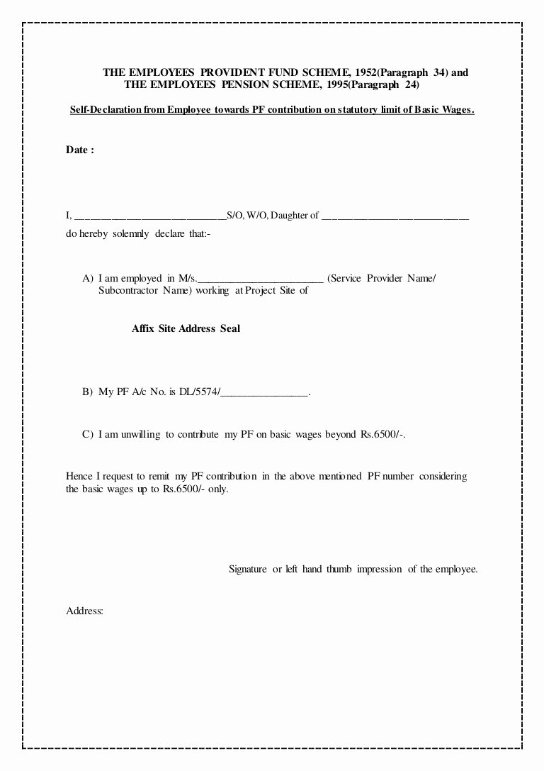 Self Employed Letter Template Awesome Declaration Sample English Dlro Epfo