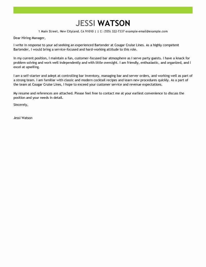Server Cover Letter Example Beautiful Leading Professional Bartender Cover Letter Examples