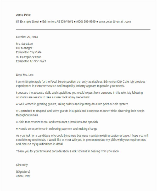 Server Cover Letter Examples Beautiful 9 Server Cover Letter Word Pdf