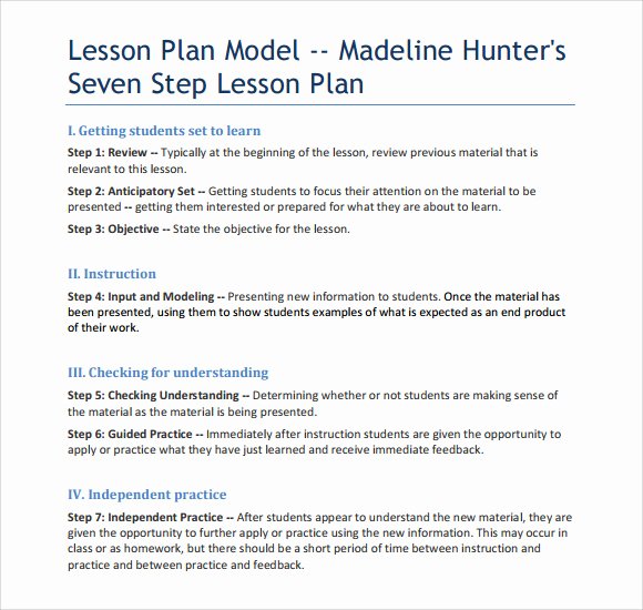 Seven Step Lesson Plan Fresh Madeline Hunter Lesson Plan Template 7 Download Free