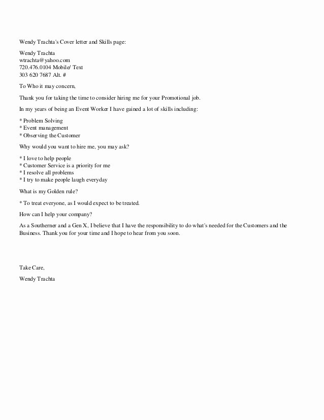 Short Cover Letter Example Elegant Wendy Trachta Short Cover Letter and Skills Page Pdf