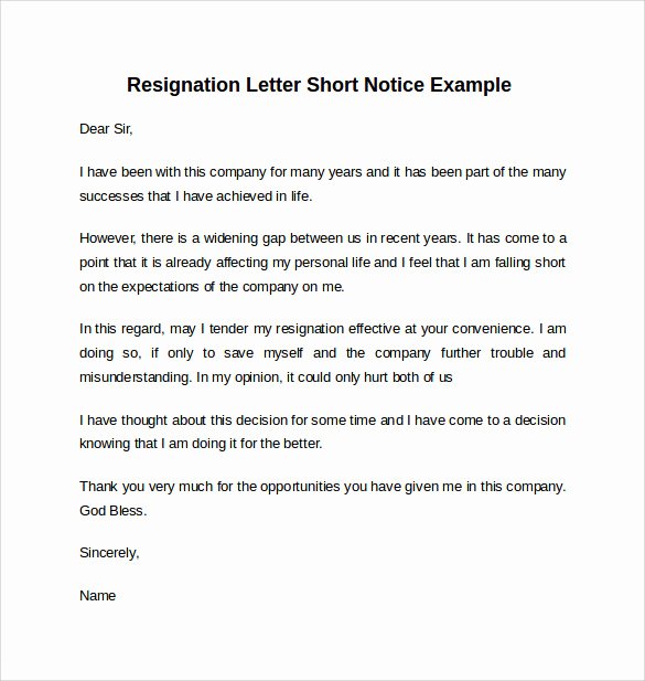 Short Notice Resignation Letter Unique Sample Resignation Letter Short Notice 6 Free Documents