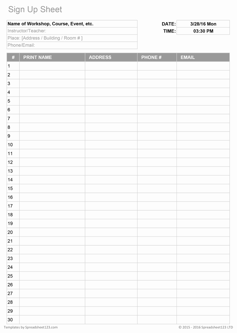 Sign Up Sheet Example New Printable Sign Up Worksheets and forms for Excel Word and Pdf