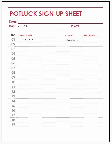 Sign Up Sheet Example Unique Potluck Sign Up Sheet Templates for Excel