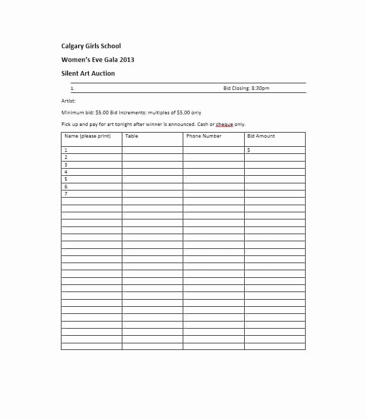 Silent Auction Bid Sheet Printable Elegant Free Silent Auction Bid Sheet Templates Word Excel