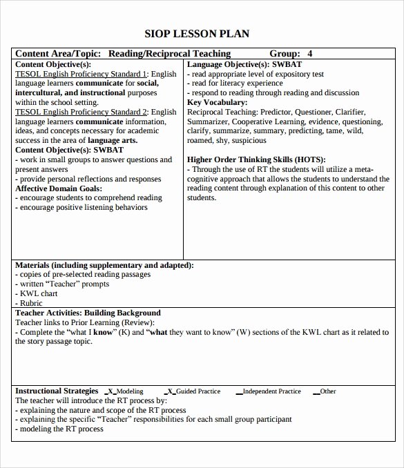 Siop Lesson Plan Templates Fresh Siop Lesson Plan Templates – 9 Examples In Pdf Word format